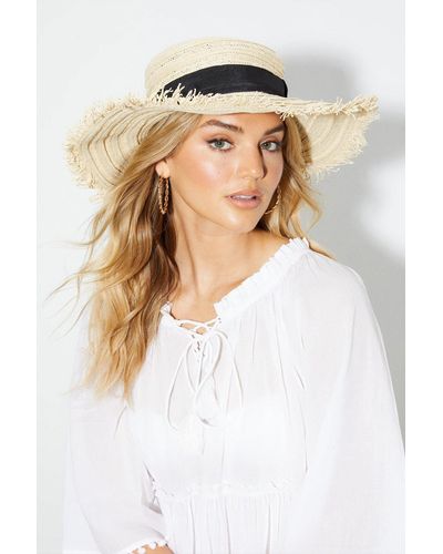 Dorothy Perkins Beige Straw Boater Hat With Black Ribbon - White
