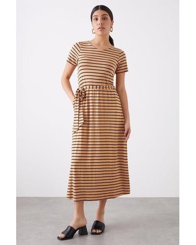 Dorothy Perkins Black Stone Striped Belted Midi T-shirt Dress - Natural
