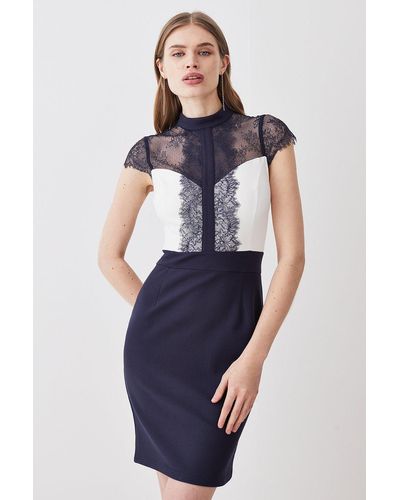 Karen Millen Lace Contrast Cap Sleeve Mini Dress - Blue
