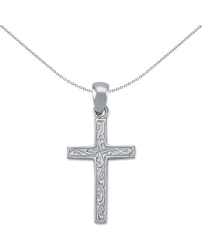 Jewelco London Rhodium Silver Carved Cross Pendant Necklace 31mm 18'' - Apx020 - White