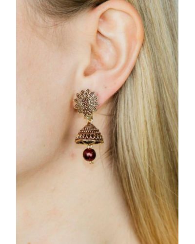 The Colourful Aura Small Maroon Intricate Floral Colourful Jhumka - Natural