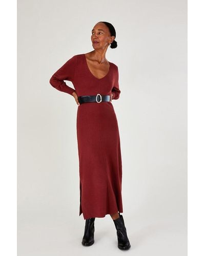 Monsoon V-neck Belted Knit Maxi Dress - Red
