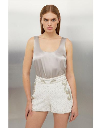 KarenMillen Premium Embellished Woven Shorts - White