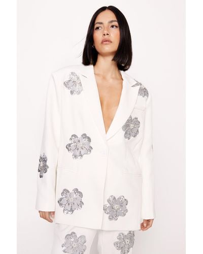 Nasty Gal Premium Floral Sequin Embellished Blazer - White