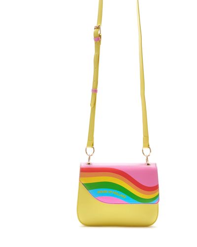 House of Holland Cross Body Bag In Yellow With A Rainbow Print Flap - White
