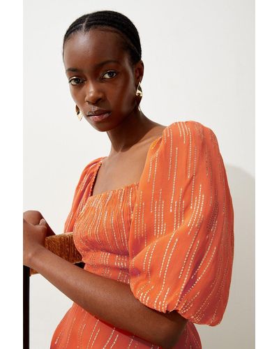 Karen Millen Sparkle Iridescent Puff Sleeve Woven Blouse - Orange