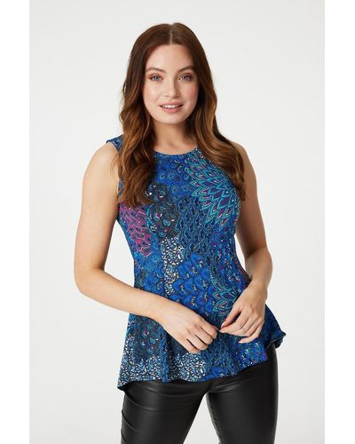 Izabel London Peacock Print Sleeveless Top - Blue