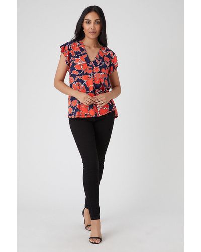 Wallis Petite Coral Floral Jersey V Neck Top - Red