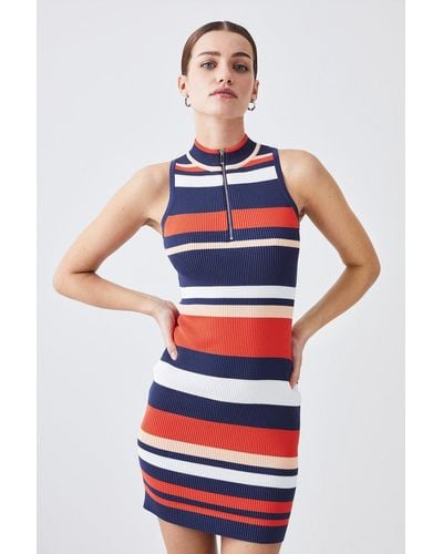 Karen Millen Petite Knitted Rib Zip Up Stripe Mini Dress - Red