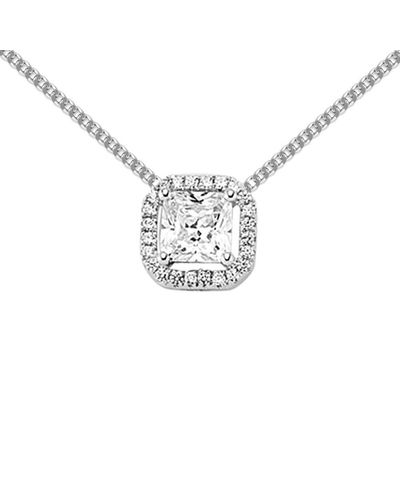 Jewelco London Silver Princess Cut Cz Octagon Halo Pendant Necklace 18 Inch - White