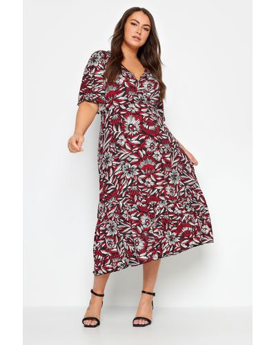 Yours Floral Print Angel Sleeve Midi Dress - Red