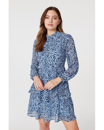 Izabel London Animal Print Layered Hem Dress - Blue