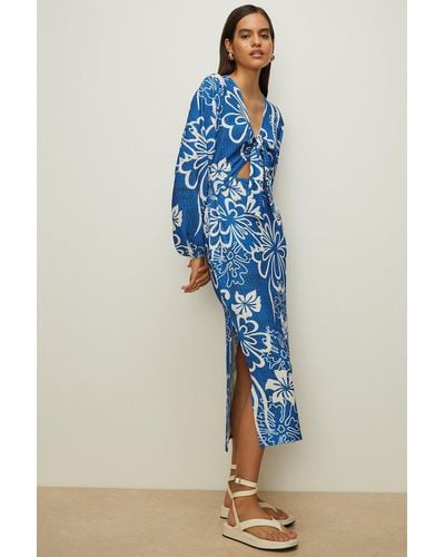 Oasis Textured Floral Tie Front Midi Dress - Blue