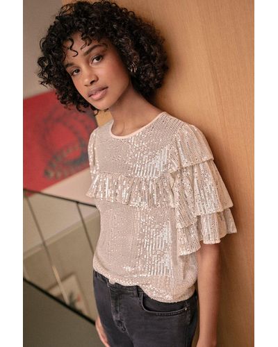 Oasis Sequin Frill Top - Natural