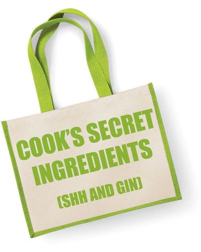 60 SECOND MAKEOVER Large Jute Bag Cook's Secret Ingredients (shh And Gin) Green Bag