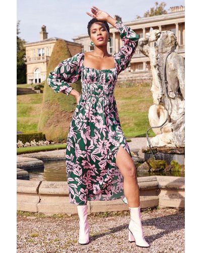 ANOTHER SUNDAY Long Sleeved Floral Satin Midi Dress With Tie Back In Green
