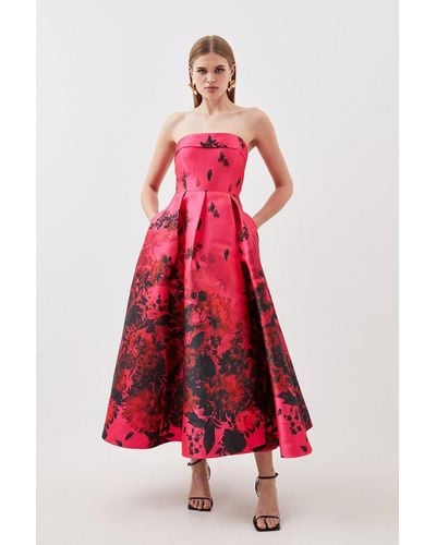 Karen Millen Floral Print Satin Twill Woven Prom Dress - Red