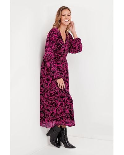 Wallis Pink Swirl Frill Sleeve Midi Dress - Purple