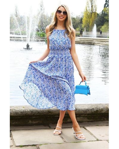 Tenki Halter Tie Neck Ditsy Floral Pattern Midi Dress - Blue