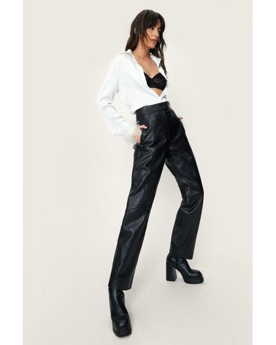 Nasty Gal Real Leather Straight Leg Trousers - Blue
