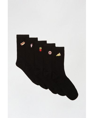 Dorothy Perkins Food Embroidered 5 Pack Ankle Socks - Black