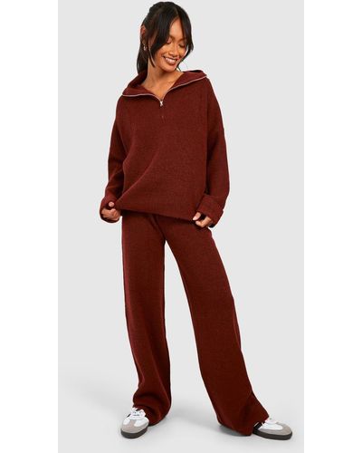 Boohoo Half Zip Funnel Neck And Wide Leg Trouser Knitted Set - Red