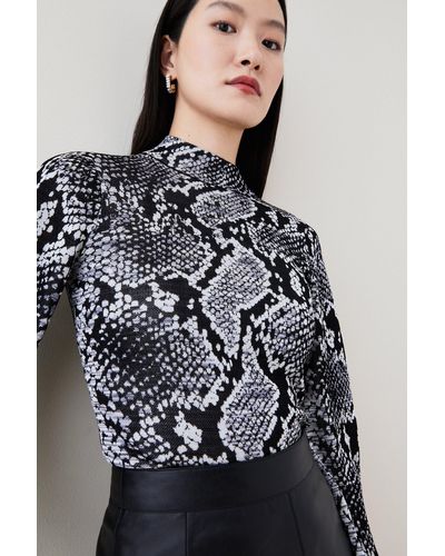 Karen Millen Space Dye Slinky Knit Animal Jacquard Top - Black