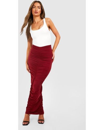 Boohoo Ruched Mesh Maxi Skirt - Red