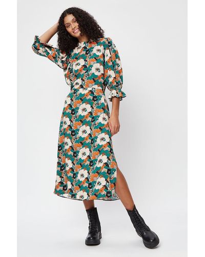 Dorothy Perkins Green Floral Frill Cuff Midi