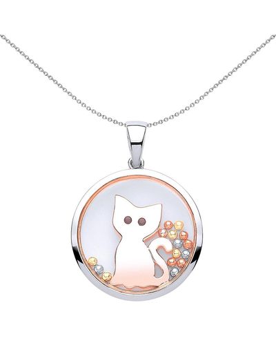 Jewelco London Rose Silver Black Cz Floating Bead Kitty Cat Necklace 18 Inch - Gvp432 - Metallic
