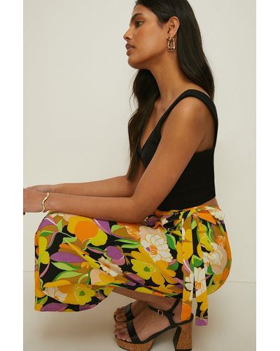Oasis Petite Graphic Floral Tie Wrap Midi Skirt - Yellow