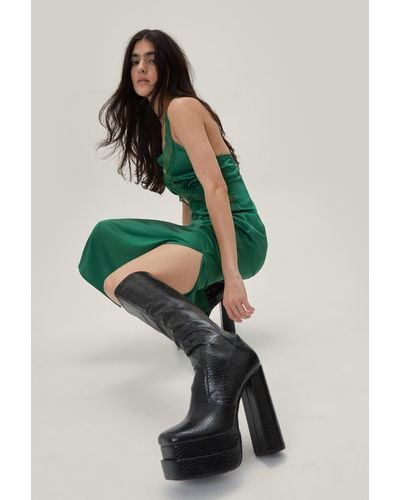 Nasty Gal Embossed Snake Faux Leather Platform Knee High Boots - Green
