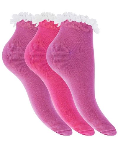 Universal Textiles Cotton Rich Plain Trainer Socks With Frill Trim (pack Of 3) - Pink