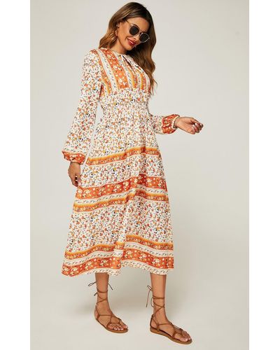 FS Collection Relaxed Block Colour Floral Printed Midi Dress In Orange - Natural