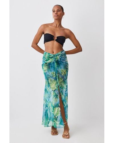 Karen Millen Tropical Printed Ruched Woven Beach Skirt - Blue