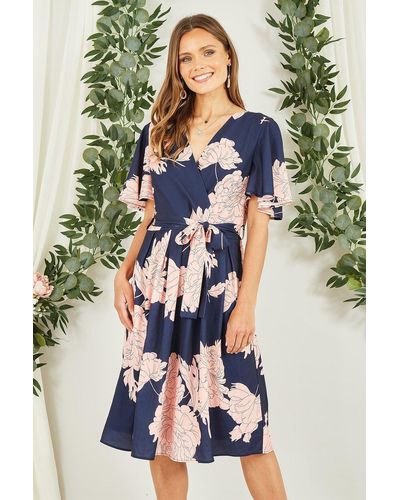 Mela Navy Blossom Print Wrap Skater Dress - Blue