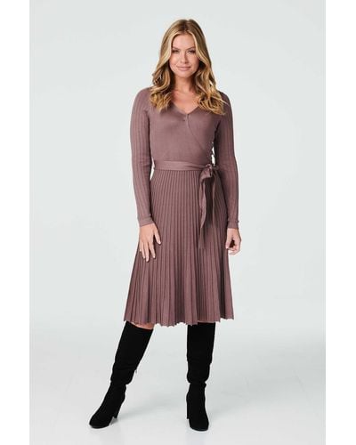 Izabel London Wrap Front Long Sleeve Knit Dress - Purple