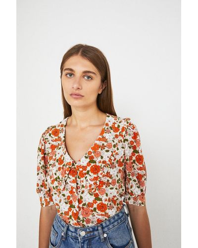Warehouse Short Sleeve Collar Blouse In Floral - Orange