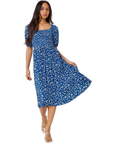 D.u.s.k Ditsy Floral Print Shirred Dress - Blue
