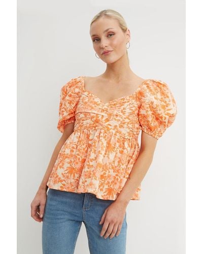 Dorothy Perkins Petite Floral Ruched Sleeve Top - Orange