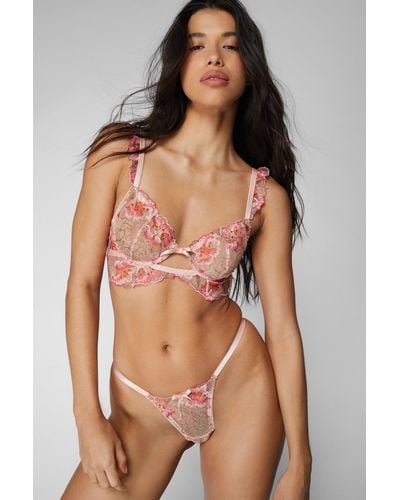 Nasty Gal Embroidered Lace Shaped Hem Underwire Lingerie Set - Brown