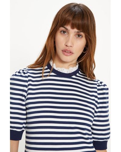 Oasis Broderie Collar Short Sleeve Stripe Sweatshirt - Blue