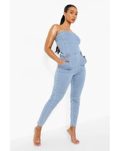 Boohoo Stretch Denim Belted Bandeau Jumpsuit - Blue