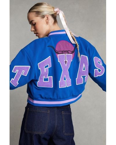 Nasty Gal Texas Back Knit Varsity Jacket - Blue