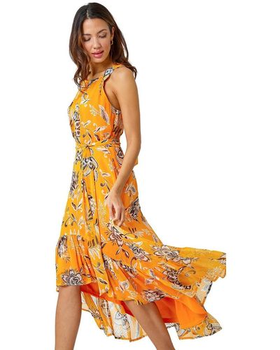 Roman Sleeveless Floral Halter Neck Midi Dress - Orange