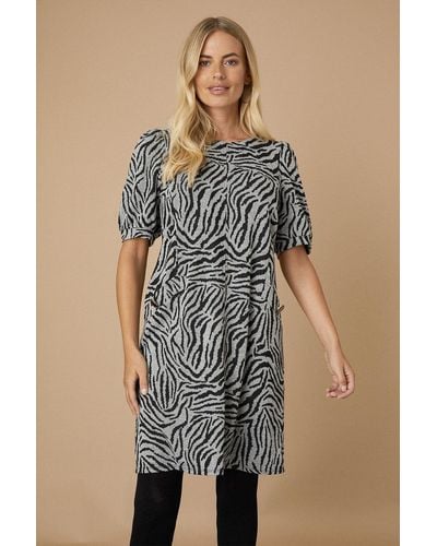 Wallis Petite Zebra Jacquard Puff Sleeve Dress - Grey