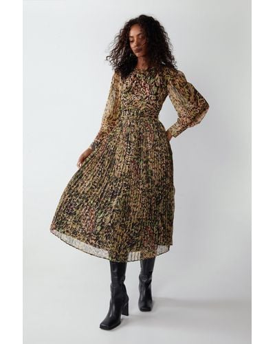 Warehouse Leopard Print Pleated Midi Dress - Multicolour