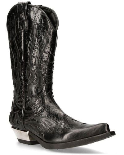 New Rock Flame Accented Leather Biker Cowboy Boots- M-7921-s1 - Black