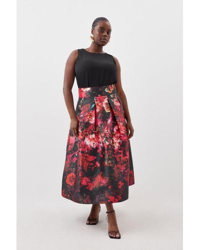Karen Millen Plus Size Floral Printed Satin Twill Woven Maxi Prom Skirt - Red
