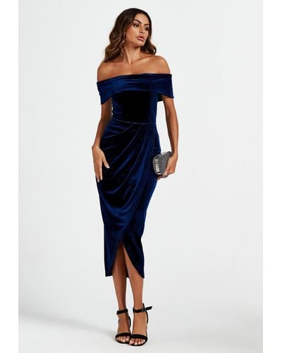 FS Collection Off Shoulder Velvet Midi Dress In Blue